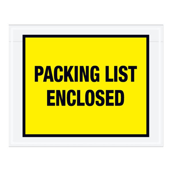 A yellow Lavex full face packing list envelope with black text that says "Packing List Enclosed"