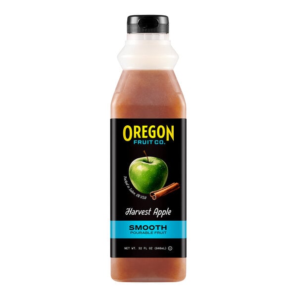 A bottle of Oregon Harvest Apple Smooth Pourable Fruit with a label.