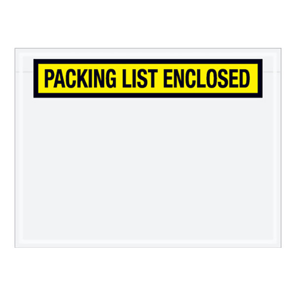 A white envelope with a yellow panel printed sign that says "Packing List Enclosed".