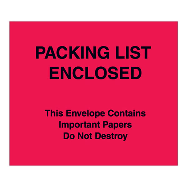 A red envelope with black letters that says "Packing List Enclosed"