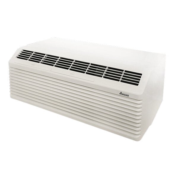 A white rectangular Amana PTAC air conditioner with a vent.