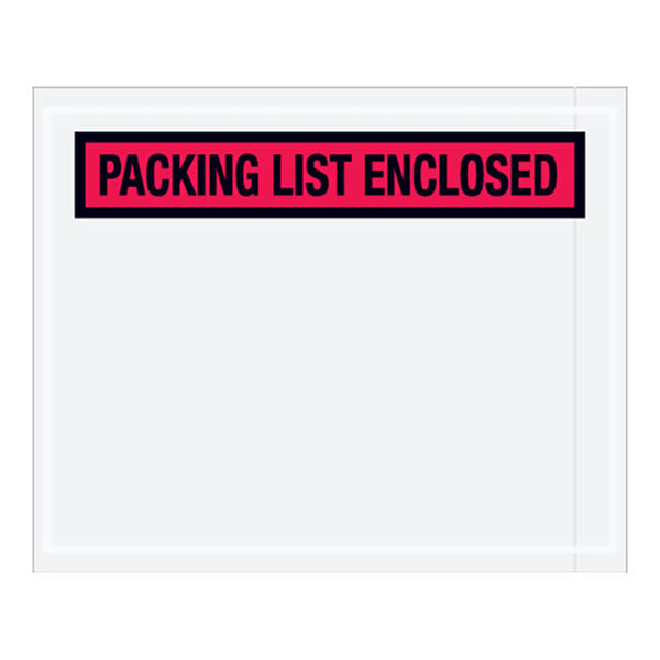 A white envelope with a red rectangular sign reading "Packing List Enclosed"