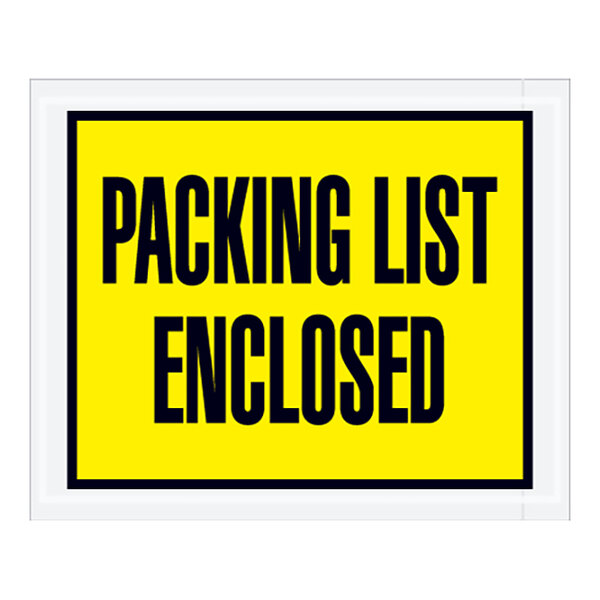 A yellow sign with black text that says "Packing List Enclosed"