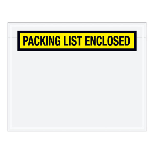 A white rectangular envelope with a yellow panel and black text that reads "Packing List Enclosed"