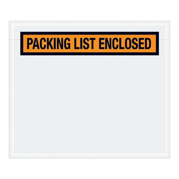 A white envelope with a black and orange rectangular label that says "Packing List Enclosed" over an orange panel.