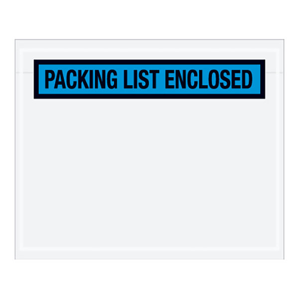 A white envelope with a blue rectangular label reading "Packing List Enclosed"