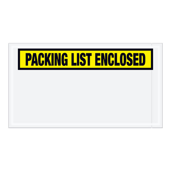 A white envelope with a yellow panel and black text that says "packing list"