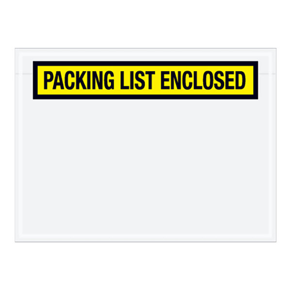 A white rectangular envelope with a yellow panel and black text that says "Packing List"