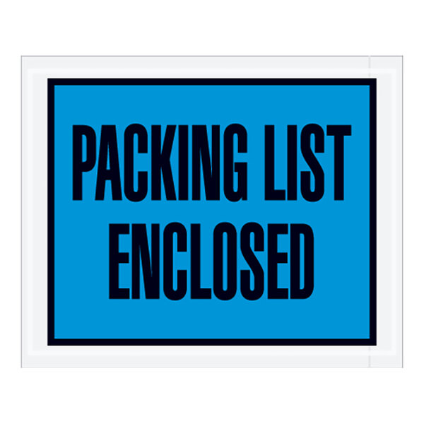 A blue sign with black text that says "Packing List Enclosed"