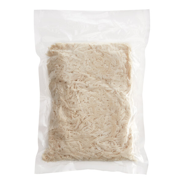 A plastic bag of BE Hive Plant-Based Vegan Garlic Cheese Shredz.
