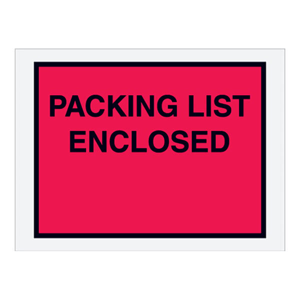 A red Lavex polyethylene packing list envelope with a black and red sign that says "Packing List Enclosed" 