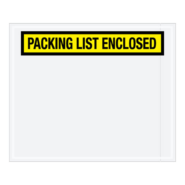 A white envelope with a yellow panel and black text reading "Packing List Enclosed"