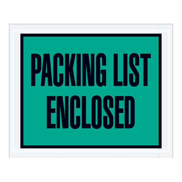 A green and black logo with black lettering that says "packing list enclosed."