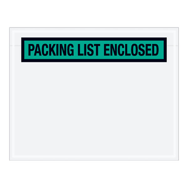 A white rectangular envelope with a green panel and black text that says "Packing List Enclosed"