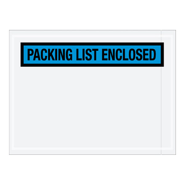 A white envelope with a blue rectangular sign reading "Packaging List Enclosed"