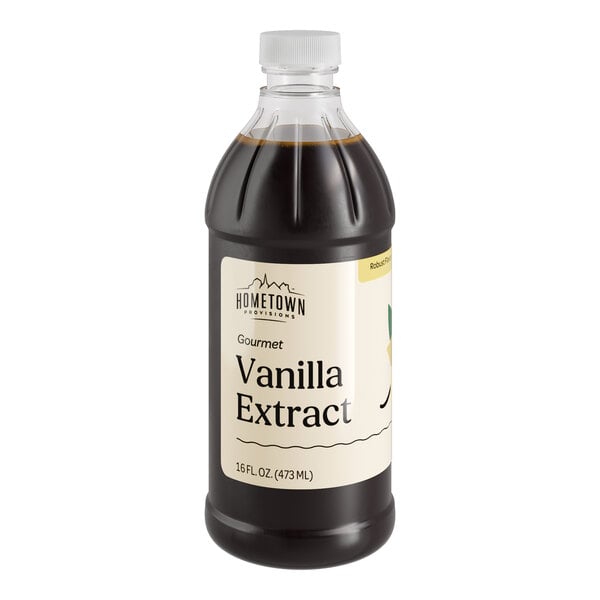 A black plastic bottle of Hometown Provisions Gourmet Pure Vanilla Extract with a white label.