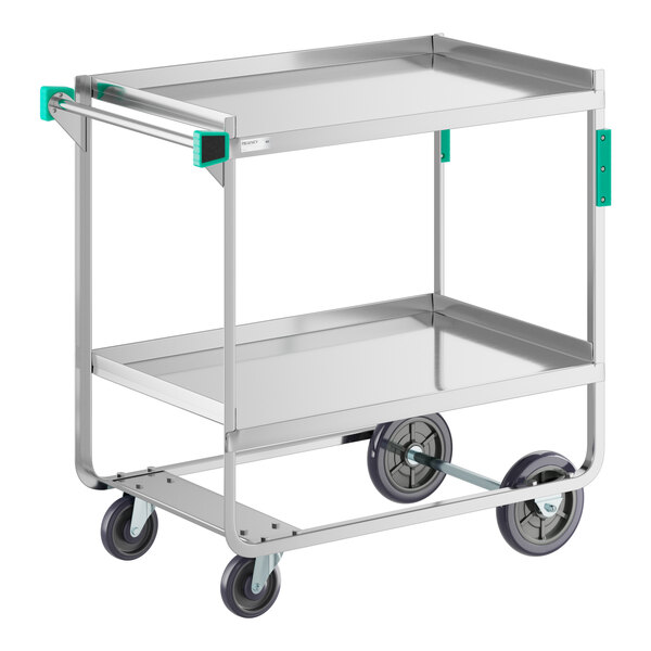 A stainless steel Regency utility cart with two shelves and wheels.