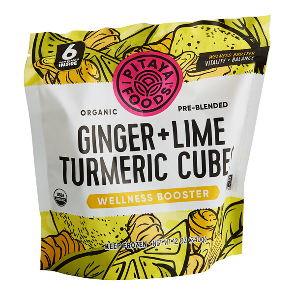 A bag of Pitaya Foods IQF Organic Ginger Lime Turmeric Wellness Cubes with text on it.