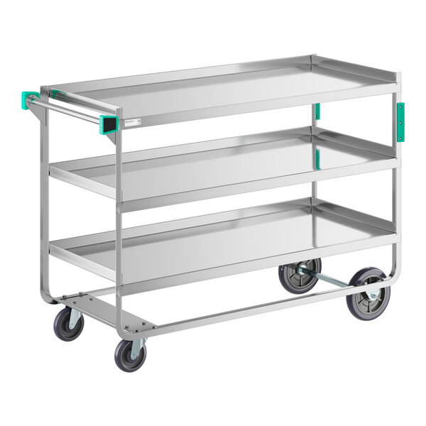 A Regency stainless steel utility cart with three shelves.