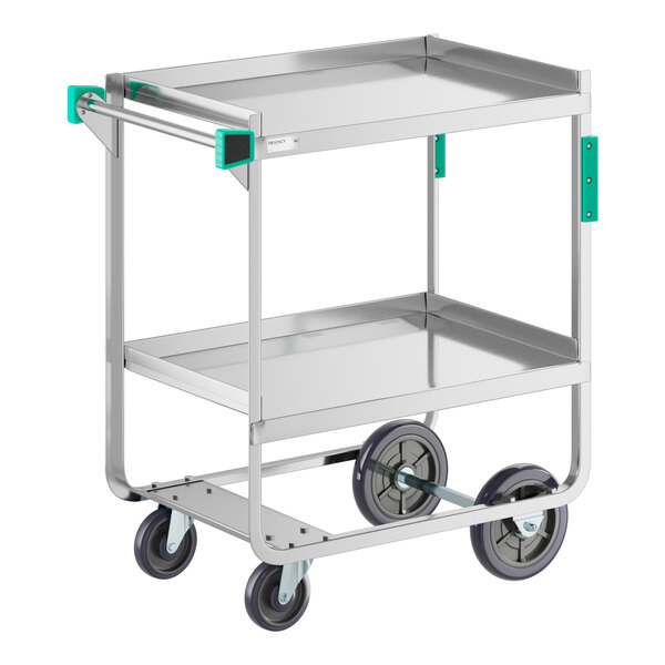 A Regency stainless steel utility cart with two shelves and wheels.