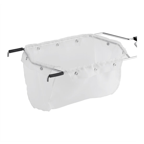 A white plastic container with metal handles holding a white Fryclone oil filter bag.