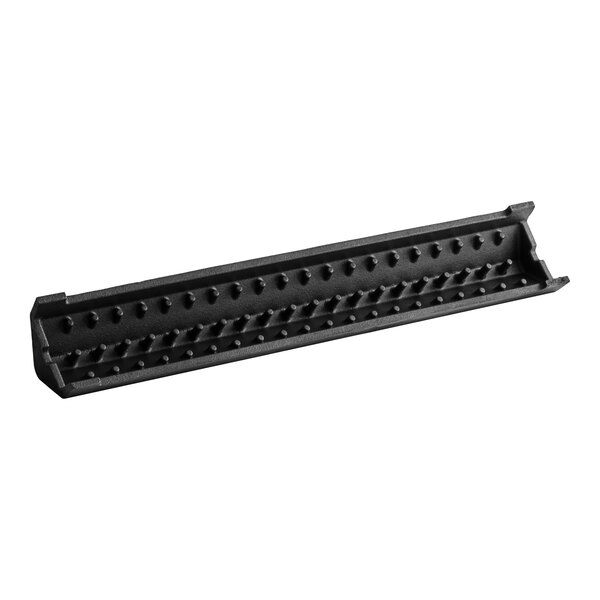 A black cast iron radiant with a rectangular shape and raised bumps, measuring 21 inches by 3.5 inches by 2.5 inches.