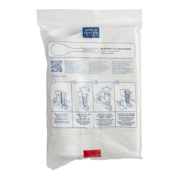 A white plastic bag labeled "World Centric 7" Spoon Refill Sleeve" with World Centric branding and 100 white plastic spoons inside.