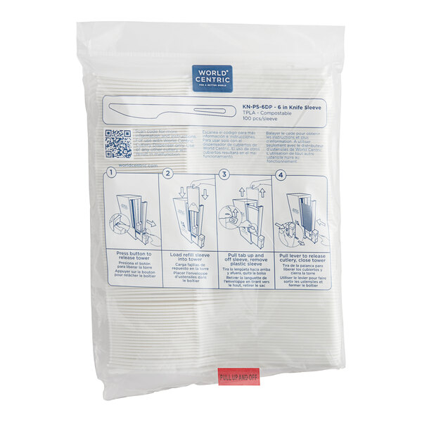 A package of white plastic knife sleeves with World Centric branding and instructions.