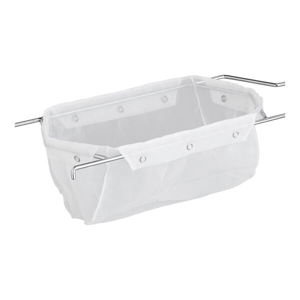 A white plastic Fryclone oil filter bag holder frame with metal handles holding a white mesh filter bag.