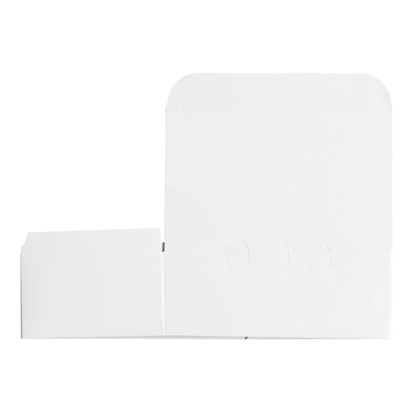 A white rectangular bakery box with a flap open.