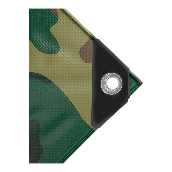 A close-up of a green camouflage tarp with metal grommets.