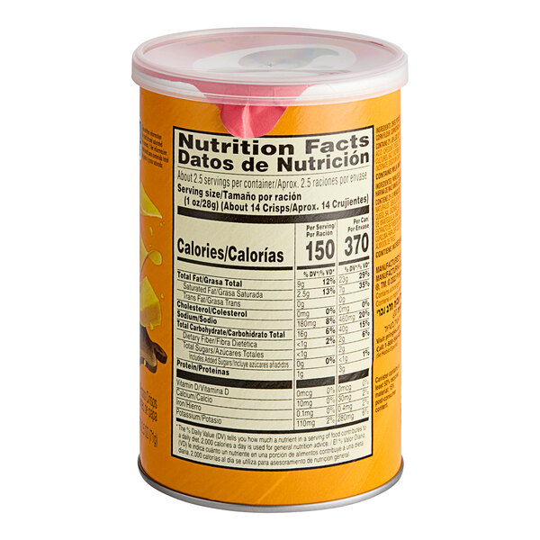 A close up of a yellow Pringles can of Cheddar Cheese Potato Crisps with a label.