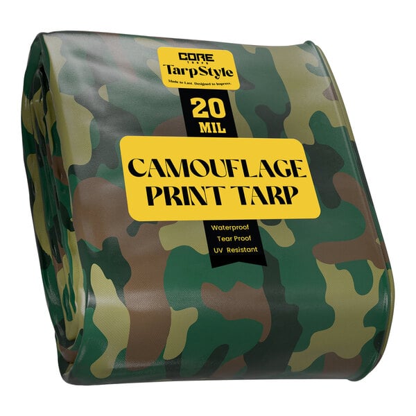 A camouflage print Core Heavy Duty tarp with green and brown camo print.