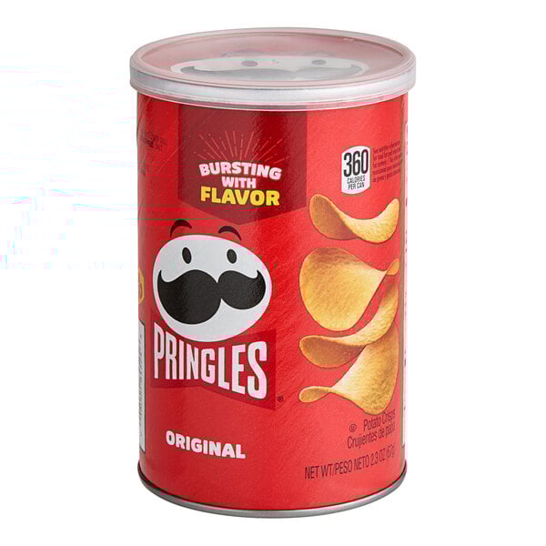 A white Pringles can of original flavor potato chips.