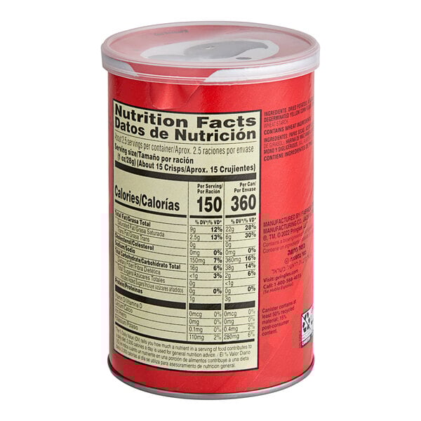 The nutrition facts on a close-up of a red Pringles can.