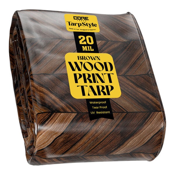 A roll of CORE heavy duty brown and black tarp with wood print.