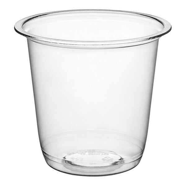 A clear plastic Solia dessert cup with a clear rim.