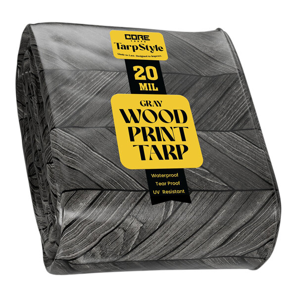 A roll of grey and black Core Heavy Duty Tarp with a yellow label.