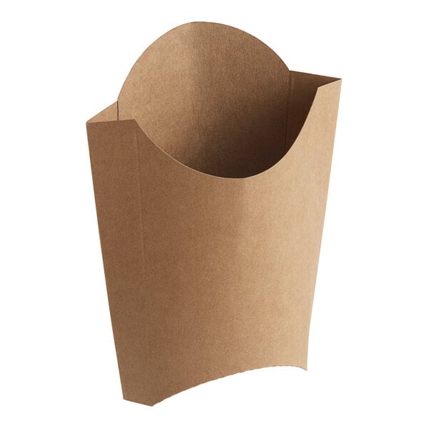 A brown kraft paper french fry scoop and tray with a lid.