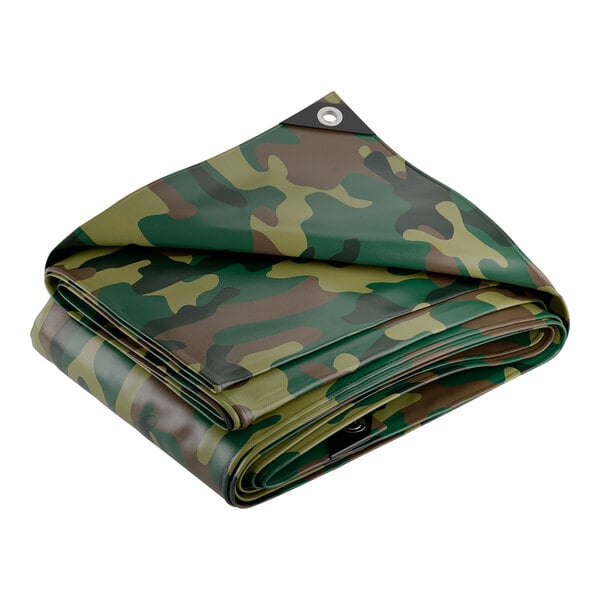 A folded camouflage Core Heavy Duty Tarp with a black and green design.