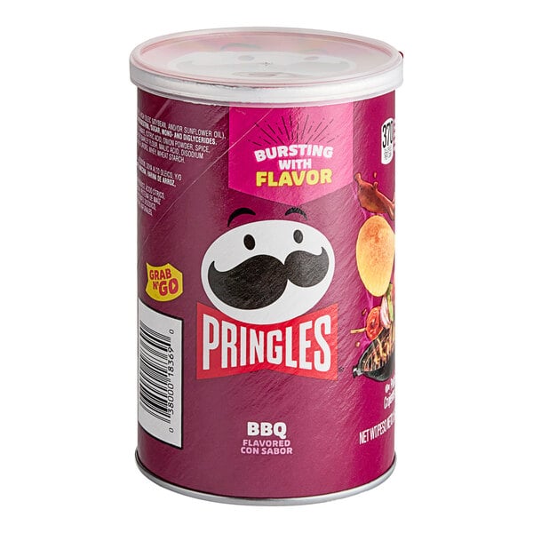 A Pringles BBQ potato crisps can.