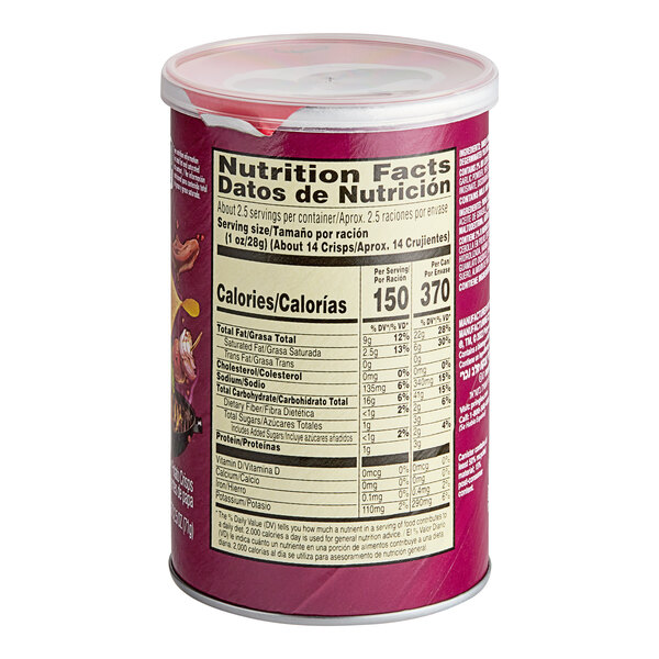 A can of Pringles BBQ Potato Crisps on a table with a label.