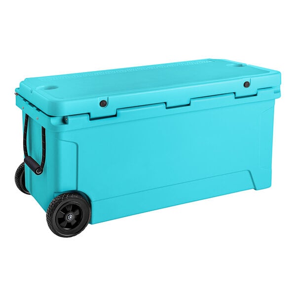 A CaterGator sky blue cooler with black wheels.