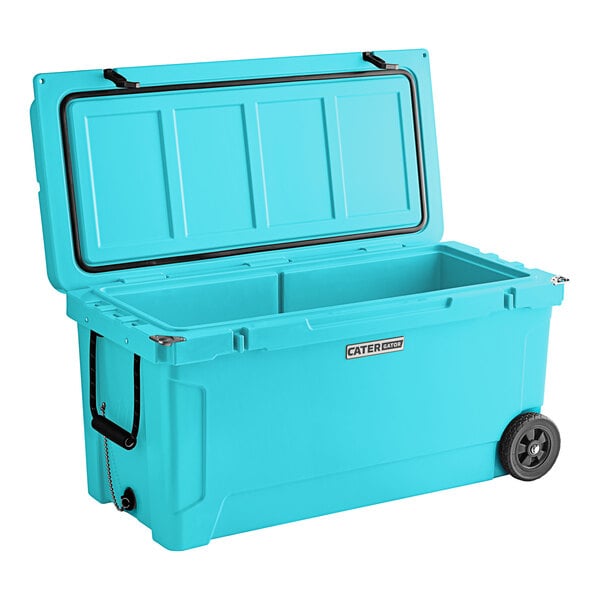 A CaterGator sky blue cooler with wheels.
