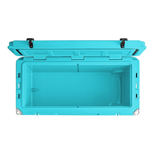 A CaterGator sky blue outdoor cooler with the lid open.