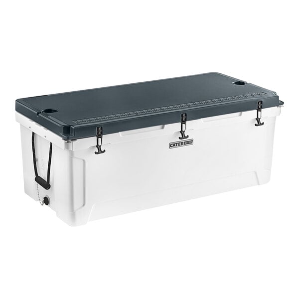 A white and black CaterGator outdoor cooler with a lid.