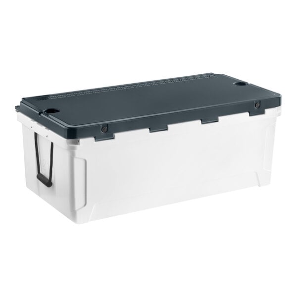 A white and black CaterGator outdoor cooler with a lid.