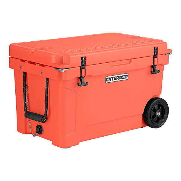 An orange CaterGator outdoor cooler with black wheels.