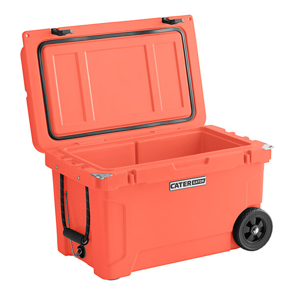 A white CaterGator outdoor cooler with orange wheels.
