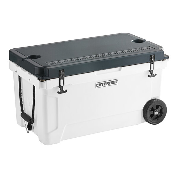 A white CaterGator outdoor cooler with black wheels and a black lid.